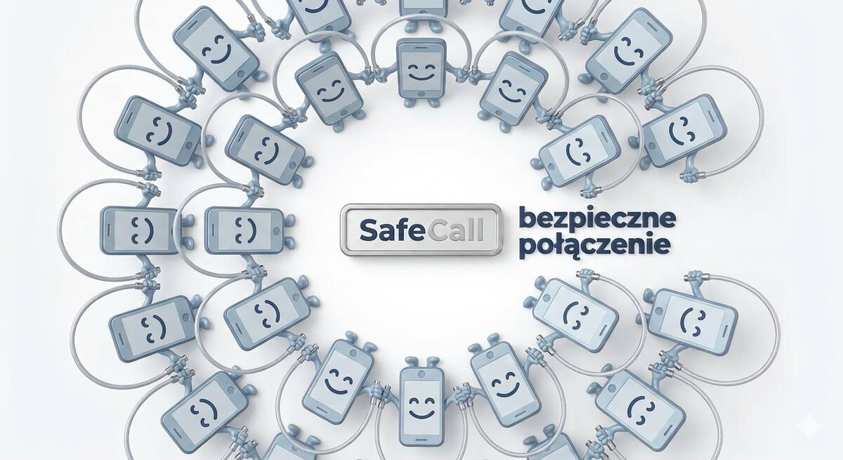 Krąg uśmiechniętych telefonów-maskotek SafeCall trzymających się za ręce wokół tabliczki SafeCall