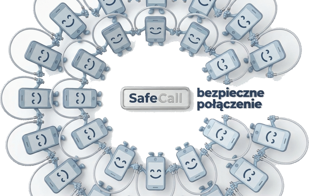 Krąg uśmiechniętych telefonów-maskotek SafeCall trzymających się za ręce wokół tabliczki SafeCall