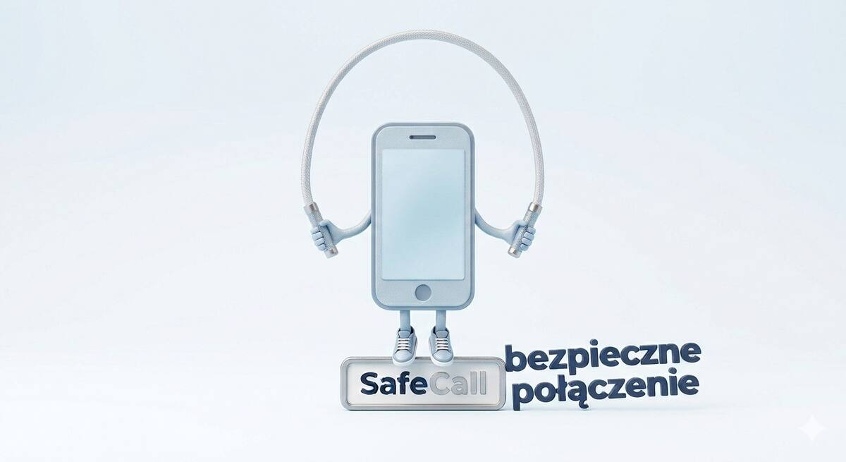 Maskotka SafeCall — uśmiechnięty telefon skaczący na skakance nad tabliczką SafeCall, obok napis: bezpieczne połączenie