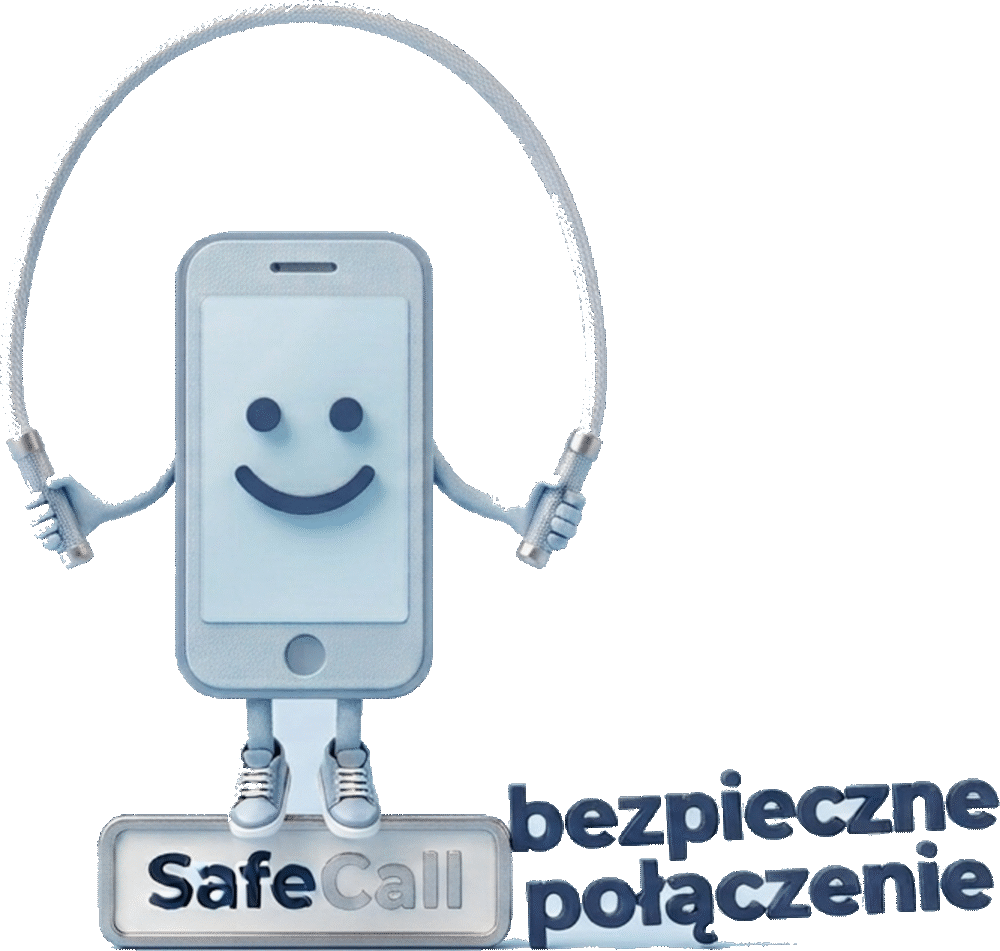 Maskotka SafeCall — uśmiechnięty telefon skaczący na skakance nad tabliczką SafeCall, obok napis: bezpieczne połączenie